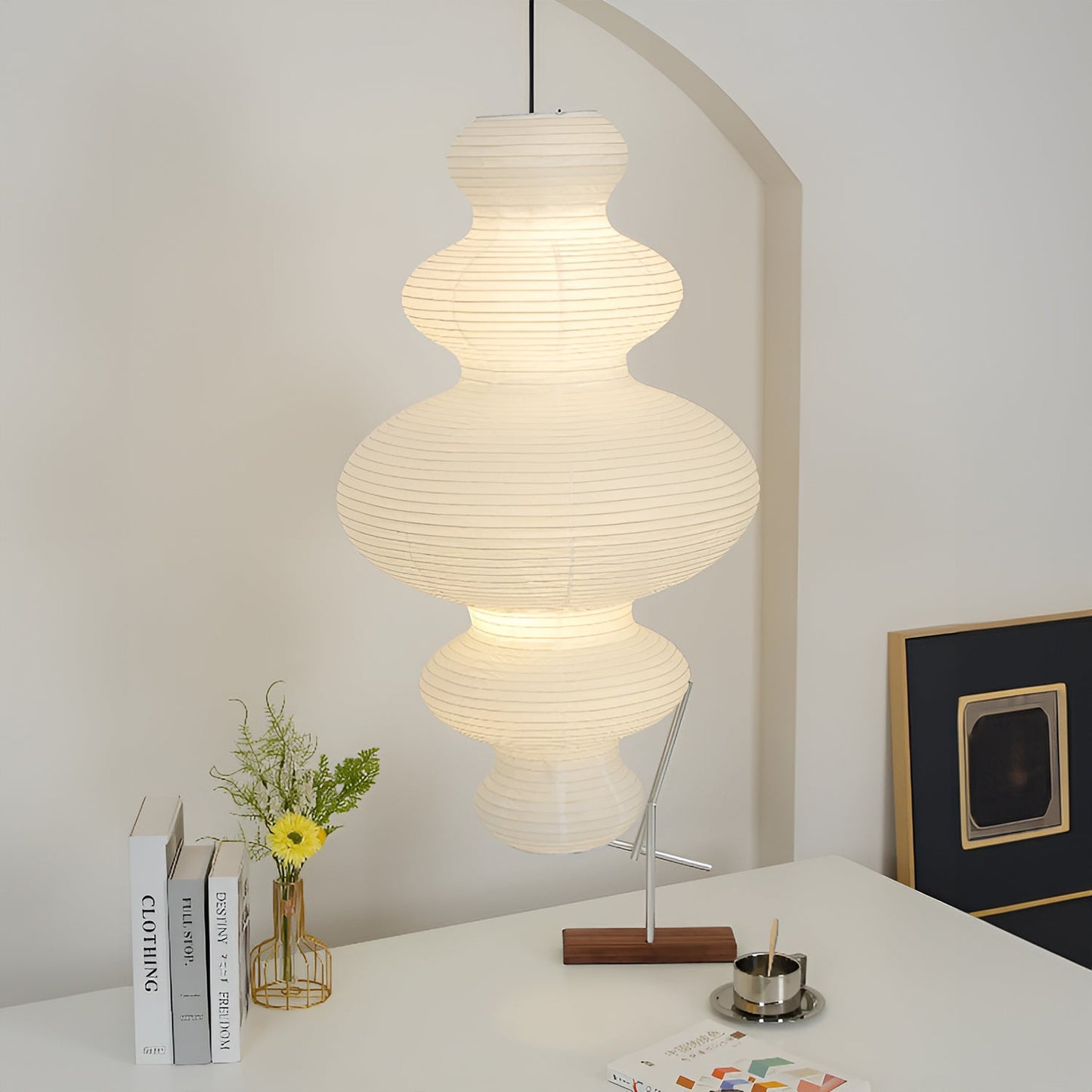 Suspension Akari Juni, Papier Sculpté Blanc, Design Ondulé