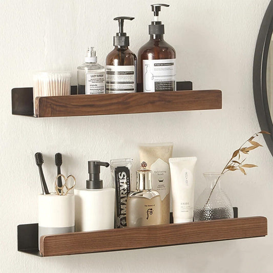 Étagère Murale Salle de Bain, Aluminium et Bois Massif