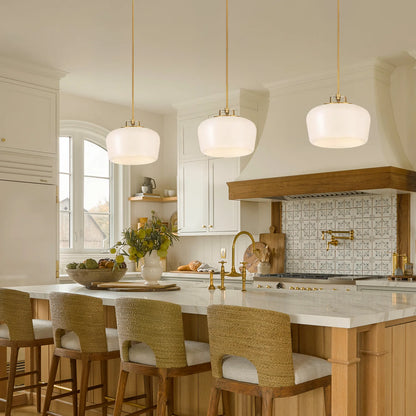 Suspension 3 Lampes Opale & Laiton, Verre Blanc 38cm, Cuisine