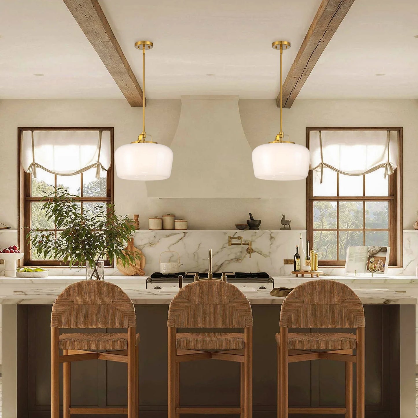 Suspension 3 Lampes Opale & Laiton, Verre Blanc 38cm, Cuisine