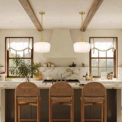 Suspension 3 Lampes Opale & Laiton, Verre Blanc 38cm, Cuisine