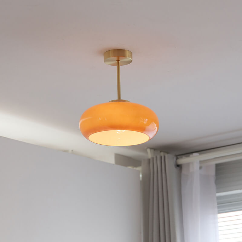 Plafonnier Vintage en Laiton | Verre Jaune et Design Semi-Encastré à 1 Ampoule