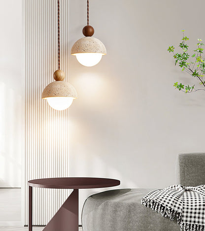Suspension Palermo, Travertin, Verre & Bois, 15cm