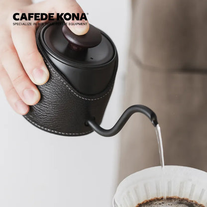 Bouilloire à Col de Cygne Sans Poignée 360ml – Cafetière à Verser Design en Acier Inoxydable et Cuir