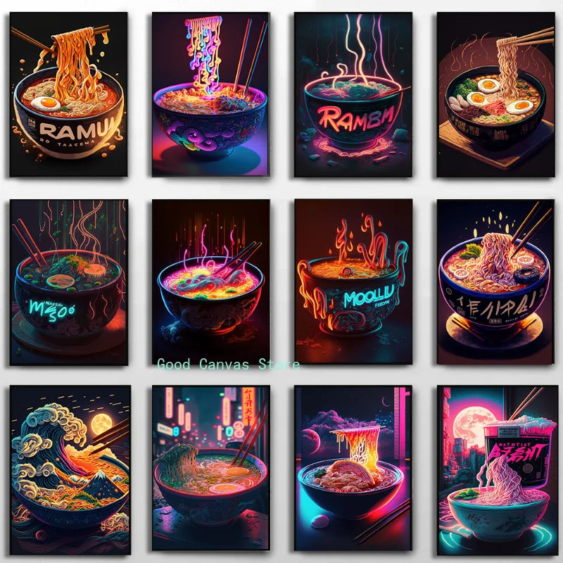 Affiches Néon Japonaises pour Cuisine | Peinture sur Toile Décorative pour Maison