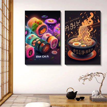 Affiches Néon Japonaises pour Cuisine | Peinture sur Toile Décorative pour Maison