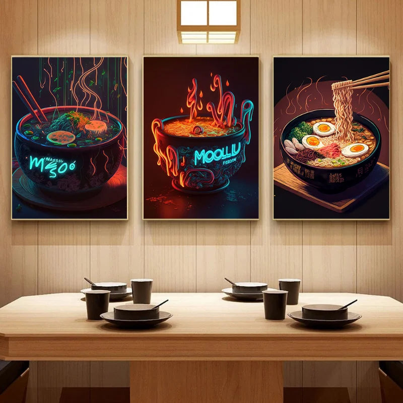 Affiches Néon Japonaises pour Cuisine | Peinture sur Toile Décorative pour Maison