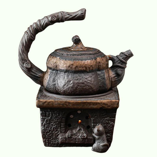 Théière Japonaise Artisanale en Céramique – Style Citrouille avec Anse Sculptée et Infuseur