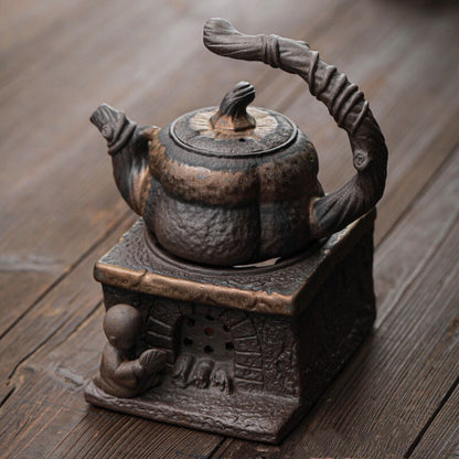 Théière Japonaise Artisanale en Céramique – Style Citrouille avec Anse Sculptée et Infuseur