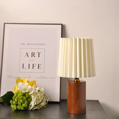 Lampe de Table Bois et Abat-Jour Plissé