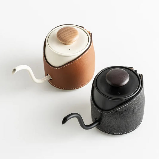 Bouilloire à Col de Cygne Sans Poignée 360ml – Cafetière à Verser Design en Acier Inoxydable et Cuir