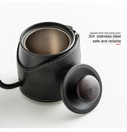Bouilloire à Col de Cygne Sans Poignée 360ml – Cafetière à Verser Design en Acier Inoxydable et Cuir