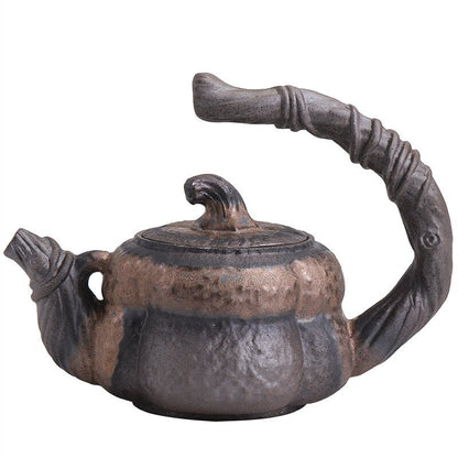 Théière Japonaise Artisanale en Céramique – Style Citrouille avec Anse Sculptée et Infuseur