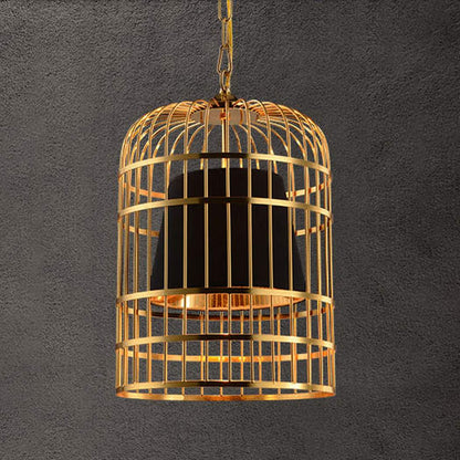 Suspension Cage Dorée avec Abat-Jour Noir en Tissu
