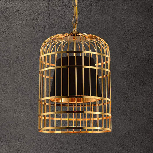 Suspension Cage Dorée avec Abat-Jour Noir en Tissu