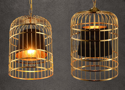 Suspension Cage Dorée avec Abat-Jour Noir en Tissu