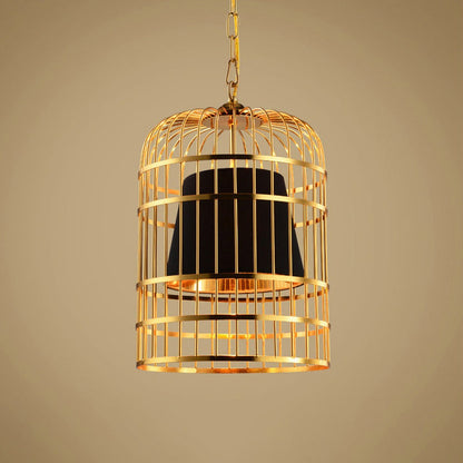 Suspension Cage Dorée avec Abat-Jour Noir en Tissu
