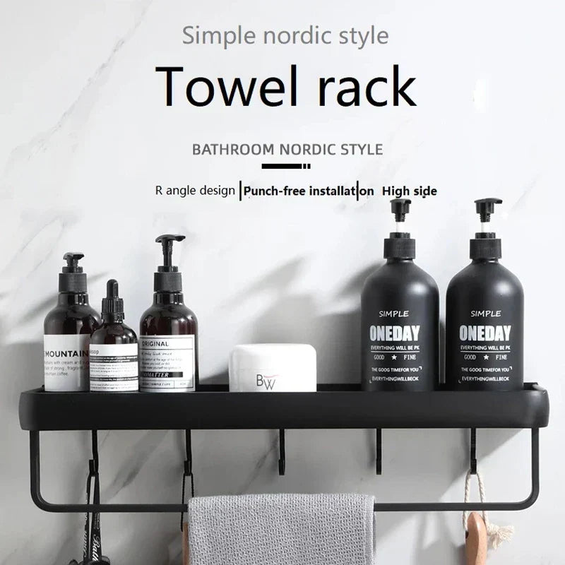 Étagère Murale Salle de Bain Noire Sans Perçage 3 Niveaux