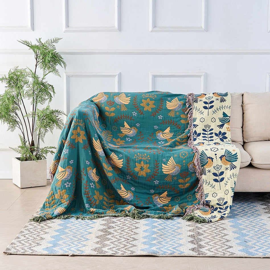 Couverture Scandinave Réversible aux Oiseaux | 100% Coton
