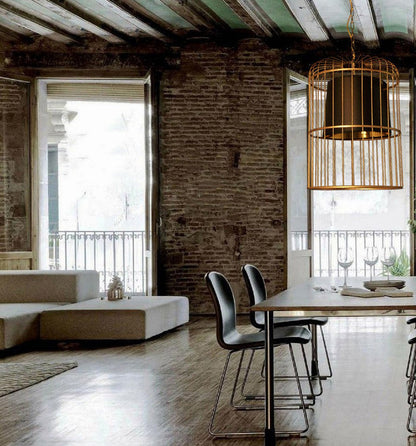 Suspension Cage Dorée avec Abat-Jour Noir en Tissu