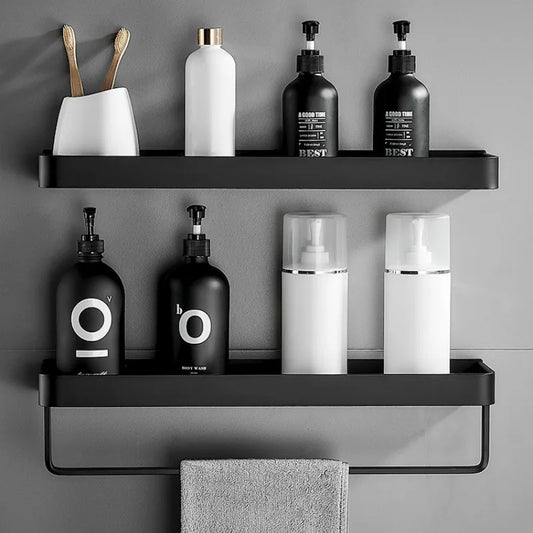 Étagère Murale Salle de Bain Noire Sans Perçage 3 Niveaux