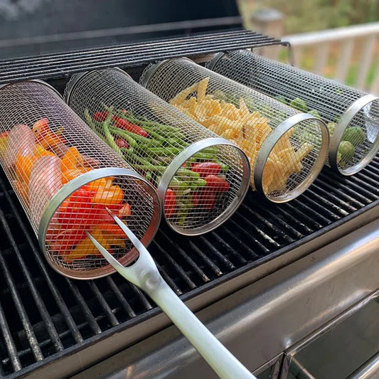 Panier de Grillage Rotatif Inox – Accessoire BBQ pour Légumes, Viandes et Fruits