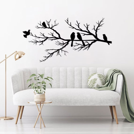 Décoration Murale Métal Oiseaux sur Branche, Noir, 80x34,6cm