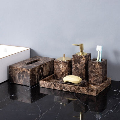 Set Accessoires Salle de Bain en Marbre Brun Naturel