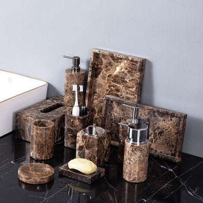 Set Accessoires Salle de Bain en Marbre Brun Naturel