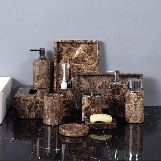 Set Accessoires Salle de Bain en Marbre Brun Naturel