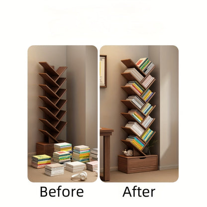 Étagère ArboVerte - Bibliothèque Verticale en Bois avec Étagères Inclinées, Design Autoportant