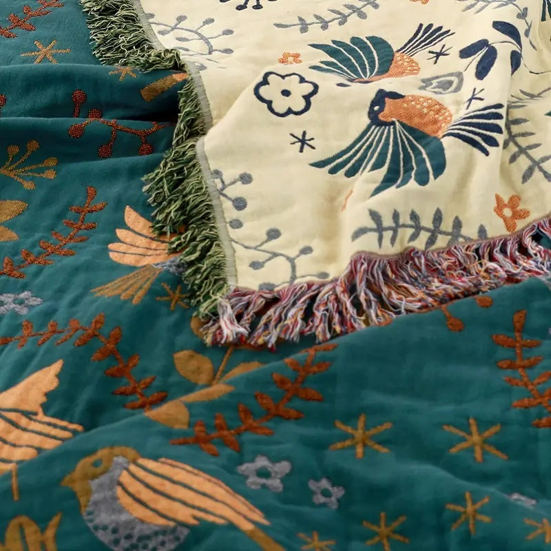 Couverture Scandinave Réversible aux Oiseaux | 100% Coton
