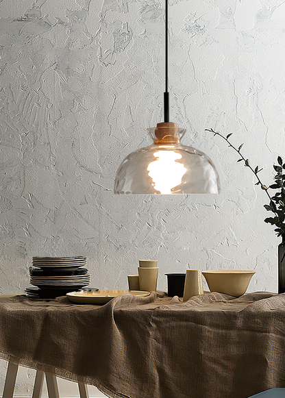 Suspension Verre Élégant E27 – Bois, Métal Noir Mat