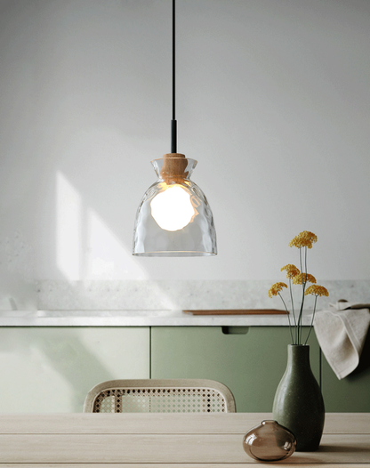 Suspension Verre Élégant E27 – Bois, Métal Noir Mat