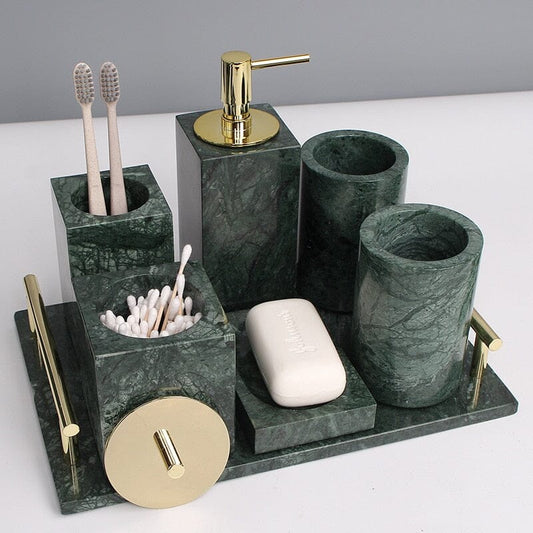 Ensemble d'Accessoires de Salle de Bain en Marbre Vert Émeraude – Élégance Naturelle et Raffinée