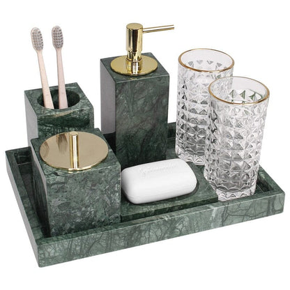 Ensemble d'Accessoires de Salle de Bain en Marbre Vert Émeraude – Élégance Naturelle et Raffinée