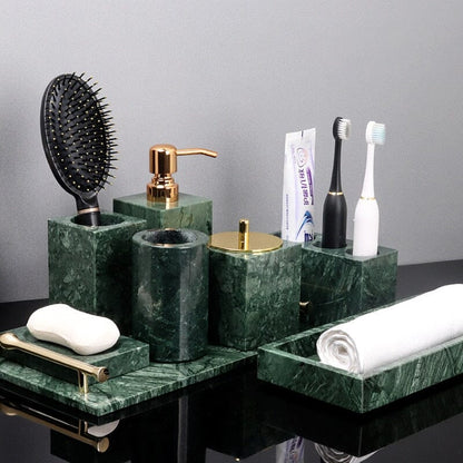 Ensemble d'Accessoires de Salle de Bain en Marbre Vert Émeraude – Élégance Naturelle et Raffinée