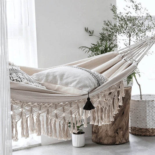 Hamac Bohème en Macramé – Détente artisanale à deux, où que vous soyez