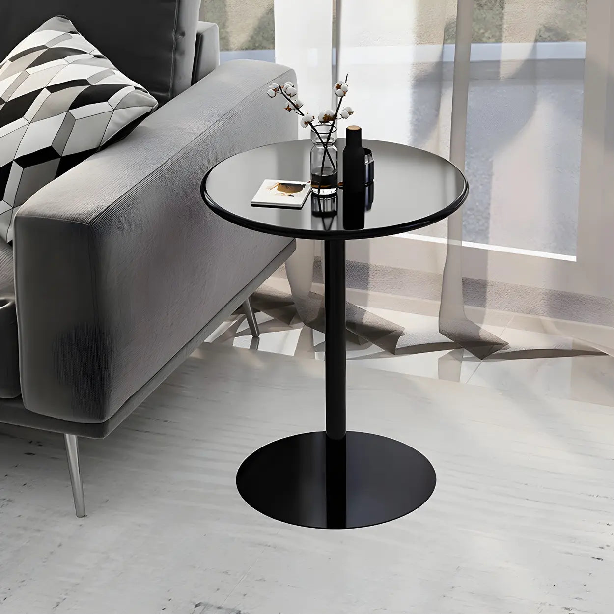 Table d’Appoint Ronde en Métal Finition Noire Minimaliste
