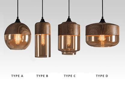 Suspension Bois & Verre Teinté, Style Nordique, Hauteur Réglable