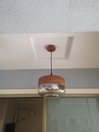 Suspension Bois & Verre Teinté, Style Nordique, Hauteur Réglable