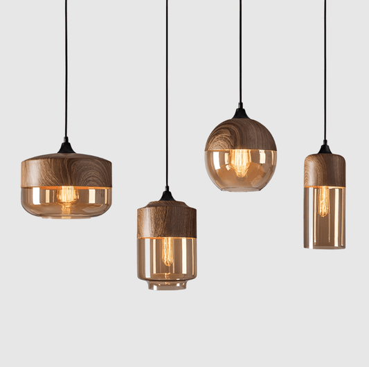 Suspension Bois & Verre Teinté, Style Nordique, Hauteur Réglable