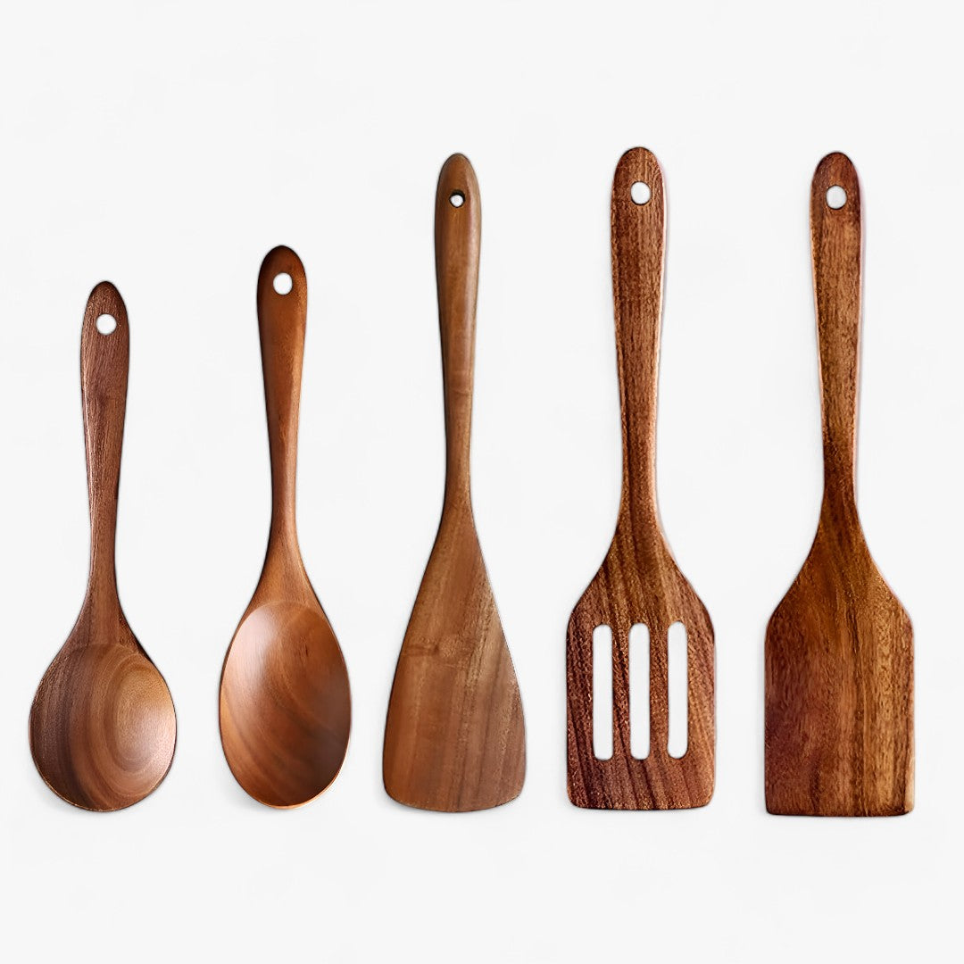 Ensemble d'Ustensiles de Cuisine Élégants en Bois de Teck – 7 Pièces