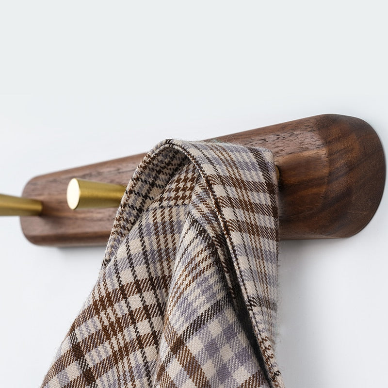 Porte-Manteau Mural Scandinave en Bois Naturel et Laiton