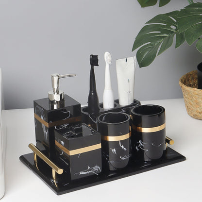 Ensemble d’Accessoires de Salle de Bain 8 Pièces – Élégance Noire et Dorée pour un Look Hôtelier