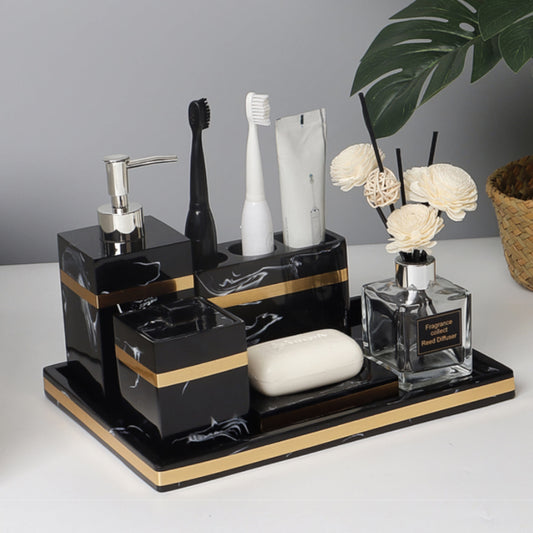 Ensemble d’Accessoires de Salle de Bain 8 Pièces – Élégance Noire et Dorée pour un Look Hôtelier