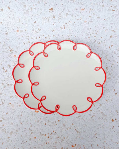 Assiettes en Céramique, Bord Ondulé Rouge, Lot de 2