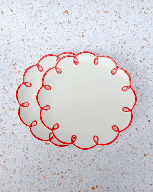 Assiettes en Céramique, Bord Ondulé Rouge, Lot de 2