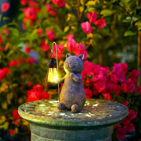 Statue Chat Solaire LED de Jardin – Résine Étanche