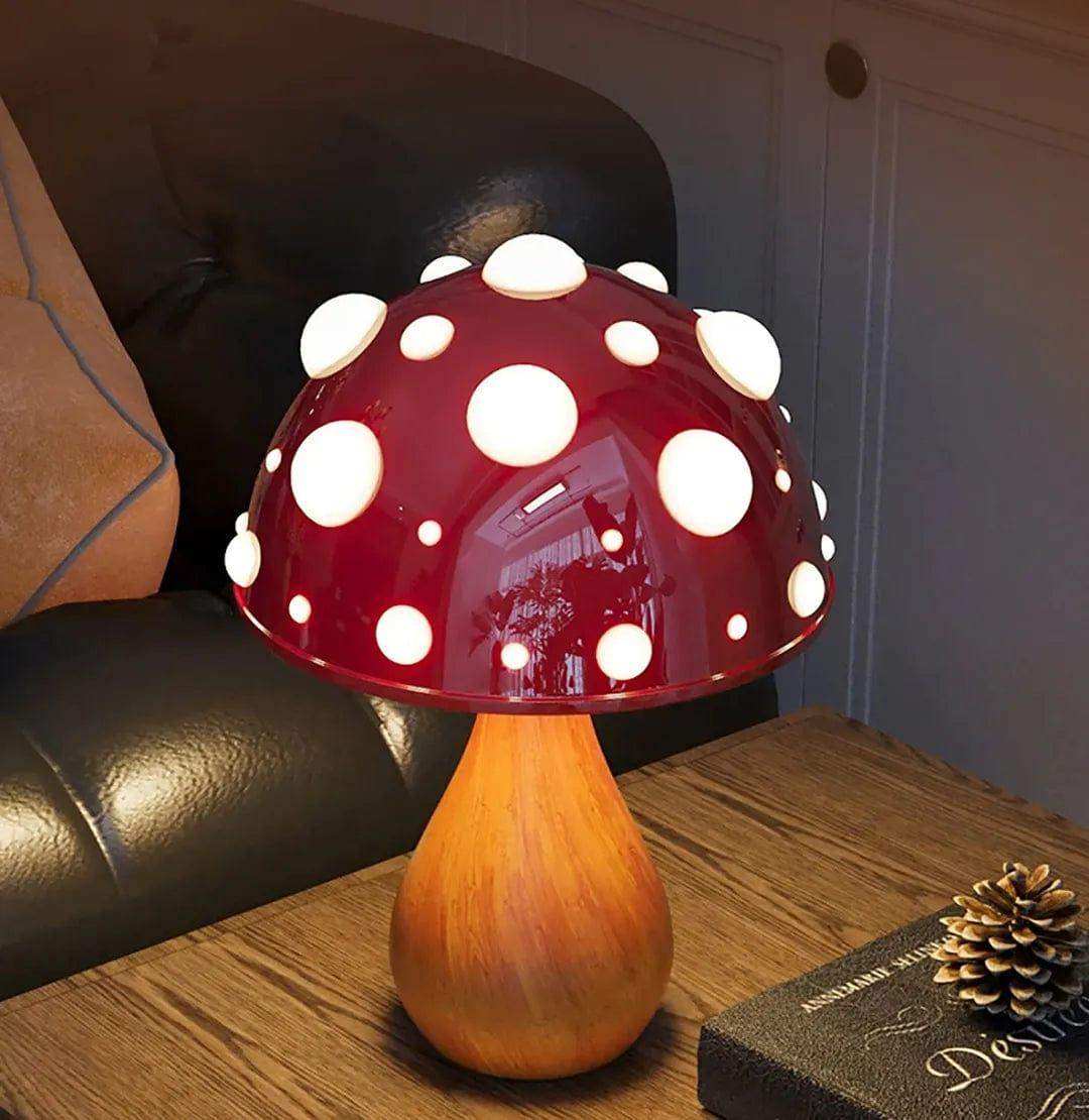 Lampe Champignon Shiitake, LED Dimmable Bois & Rouge